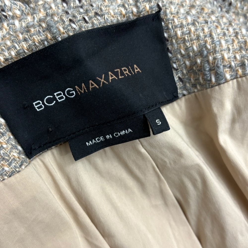 BCBGMaxazria Tan Tweed Wool Ruffle Lapel Neck Blazer Jacket Size Small - Picture 14 of 16